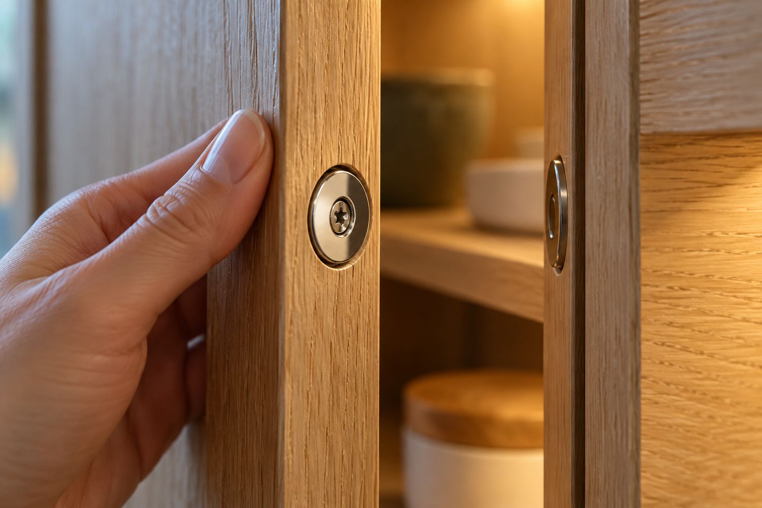 Verzonken ringmagneet vastgeschroefd in de rand van een eiken kastdeur