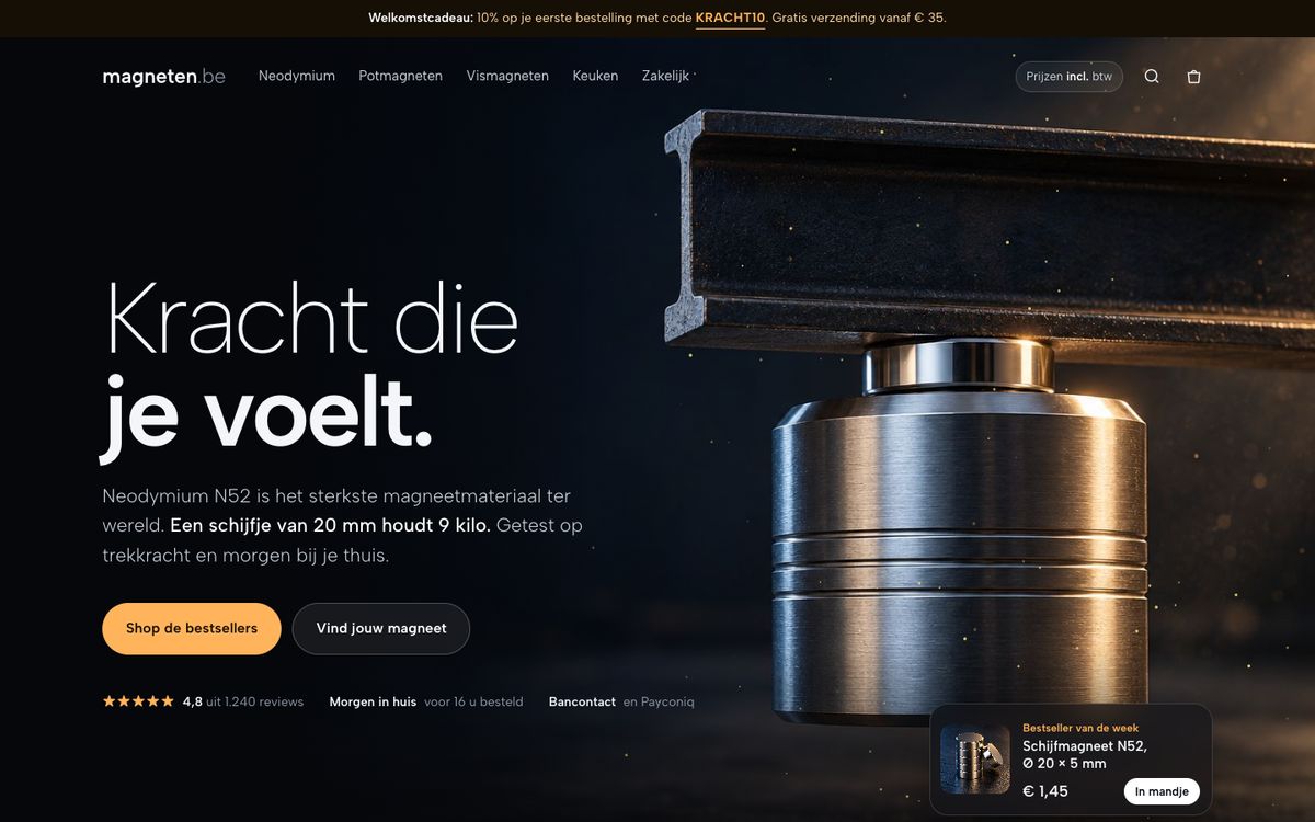 Nachtstaal op desktop: een schijfmagneet onder een stalen balk houdt een stalen gewicht, met de titel Kracht die je voelt